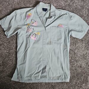 Las Oasis Womens Button Down Embroidered Flowers/Purses Size Small Teal Shirt